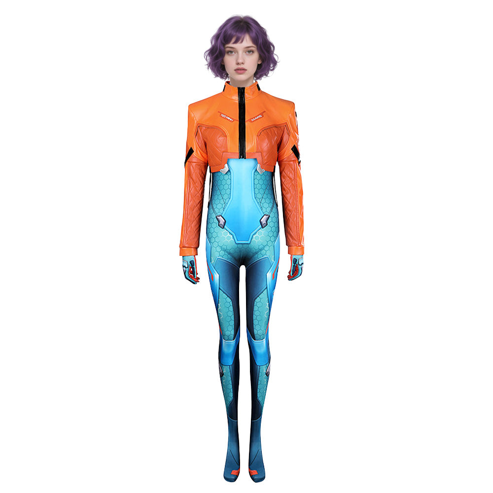Adult Space Ranger Costume Blue Jumpsuit and Orange Coat 2pcs Suit for Halloween Carnival