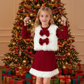 Girls Christmas Costume Long Sleeve Dress and White Fleece Vest 2pcs Suit for Xmas Party