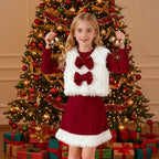 Girls Christmas Costume Long Sleeve Dress and White Fleece Vest 2pcs Suit for Xmas Party