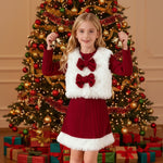 Girls Christmas Costume Long Sleeve Dress and White Fleece Vest 2pcs Suit for Xmas Party