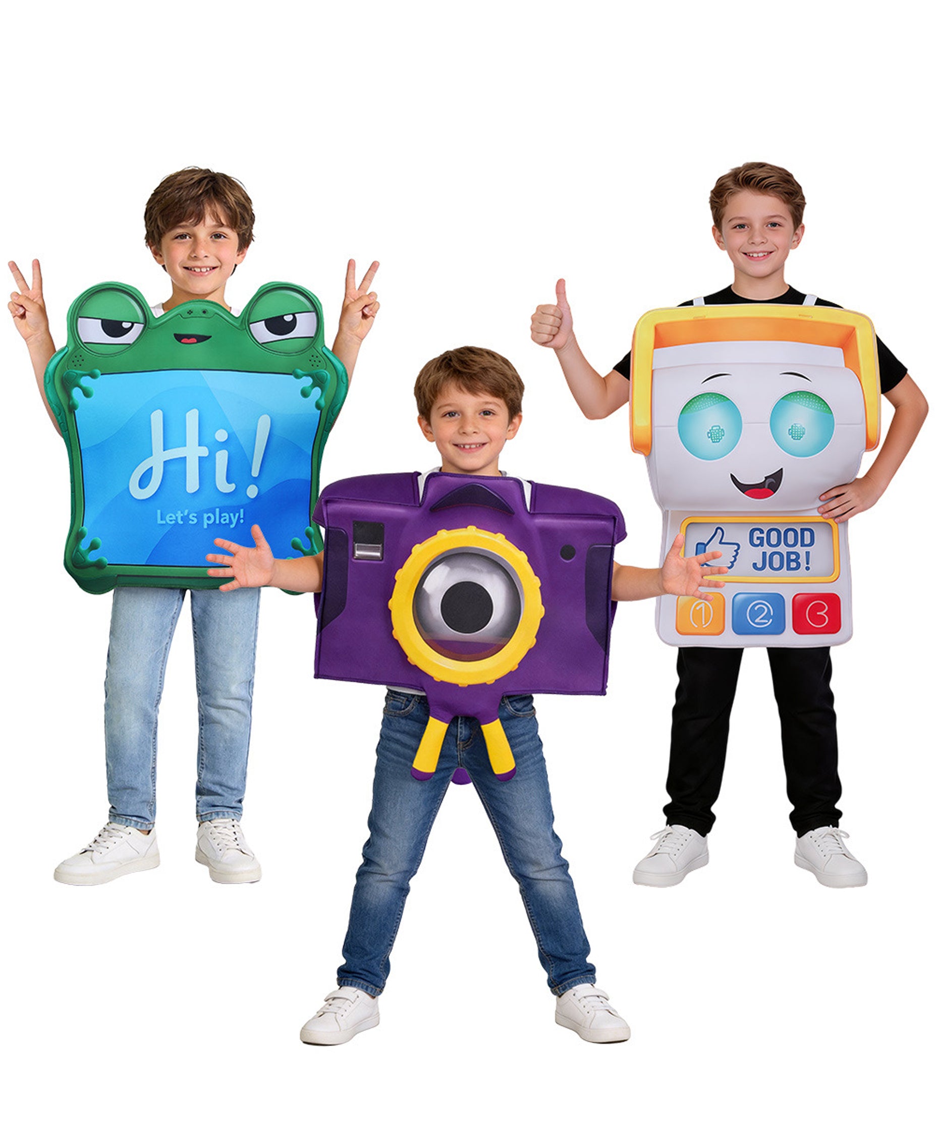 Kids Green Frog Tablet Costume Purple Camera Tunic Funny Movie Inspired Hi-Tech Toy Outfit for Group Halloween Dress Up