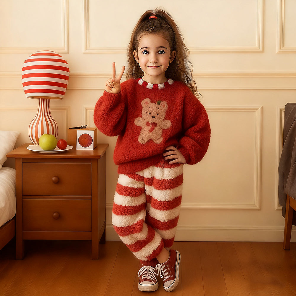 Kids Christmas Pajamas Red Holiday Loungewear Cozy Sherpa Sleepwear for Boys Girls