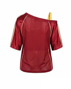 Women Spain Jersey Dark Red Off Shoulder Top for Football Game Day Sports Outfits and Streetwear