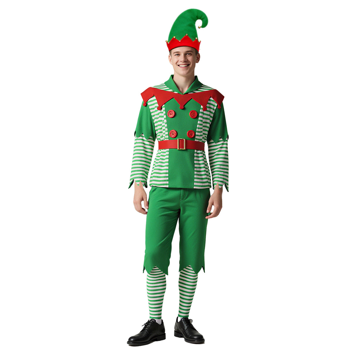 Men Elf Costume Christmas Party Oufit Green Tops Pants Hats and Shoes Full Set