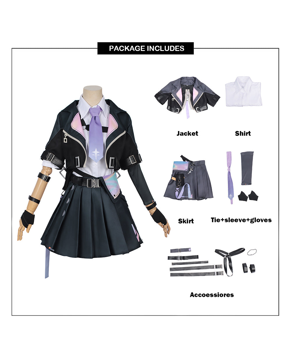 Womens NTE Zero Costume Black Cropped Jacket and Pleated Skirt Set for for Anime Expo Halloween Party