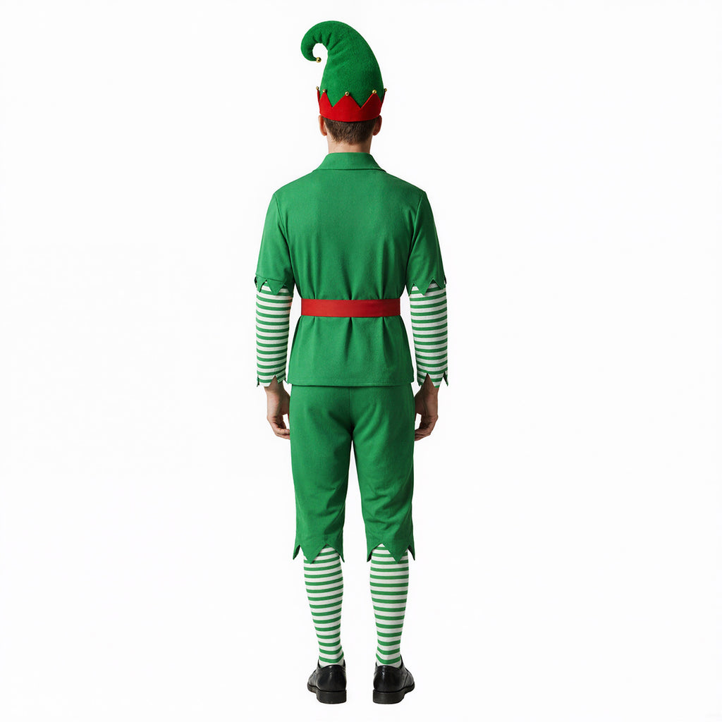 Men Elf Costume Christmas Party Oufit Green Tops Pants Hats and Shoes Full Set
