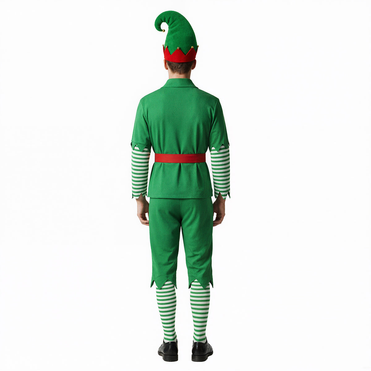 Men Elf Costume Christmas Party Oufit Green Tops Pants Hats and Shoes Full Set