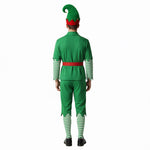 Men Elf Costume Christmas Party Oufit Green Tops Pants Hats and Shoes Full Set