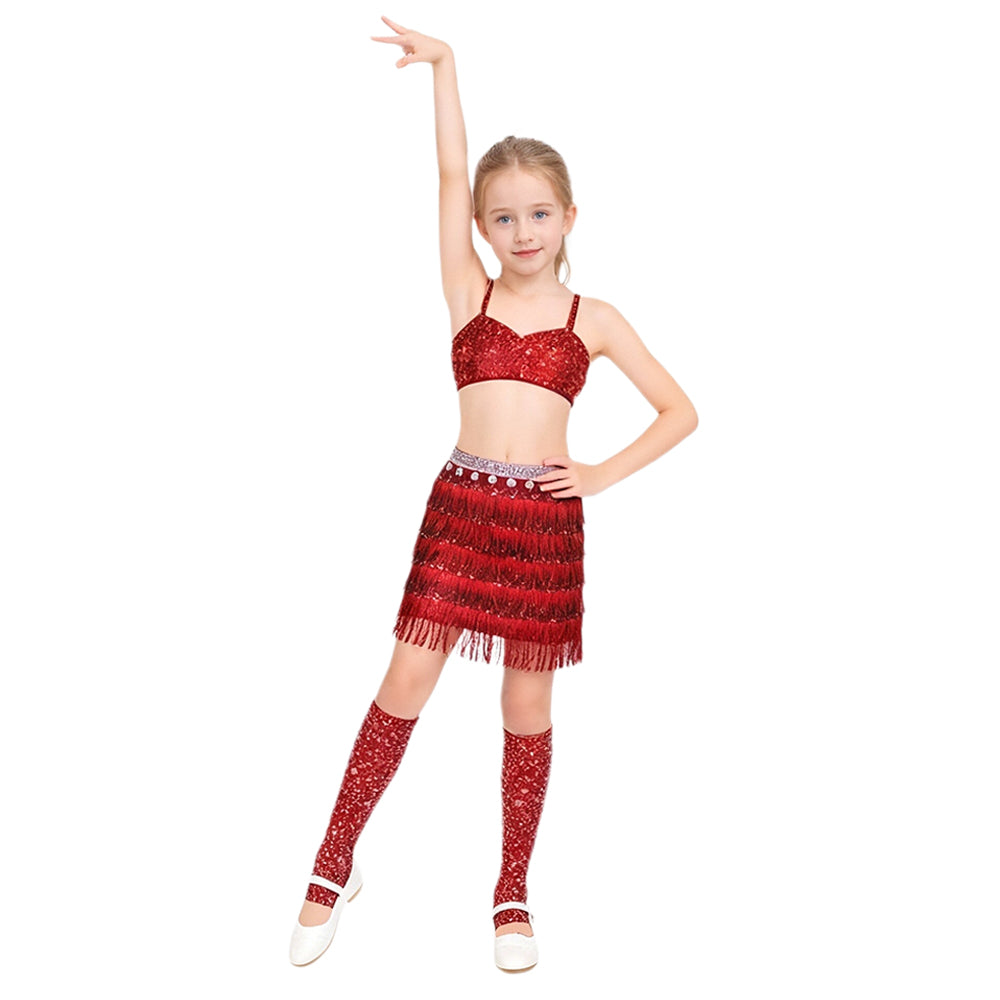 Popstar Performance Costume Red Sequin Fringe Skirt with Sparkly Bra and Socks for Cosplay