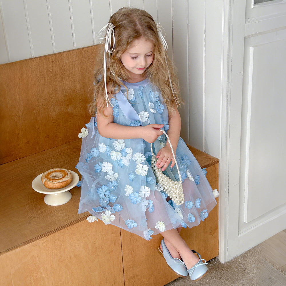 Flower Girl Dresses Cute Blue Sleeveless Tulle Princess Party Dress with 3D Floral Appliques