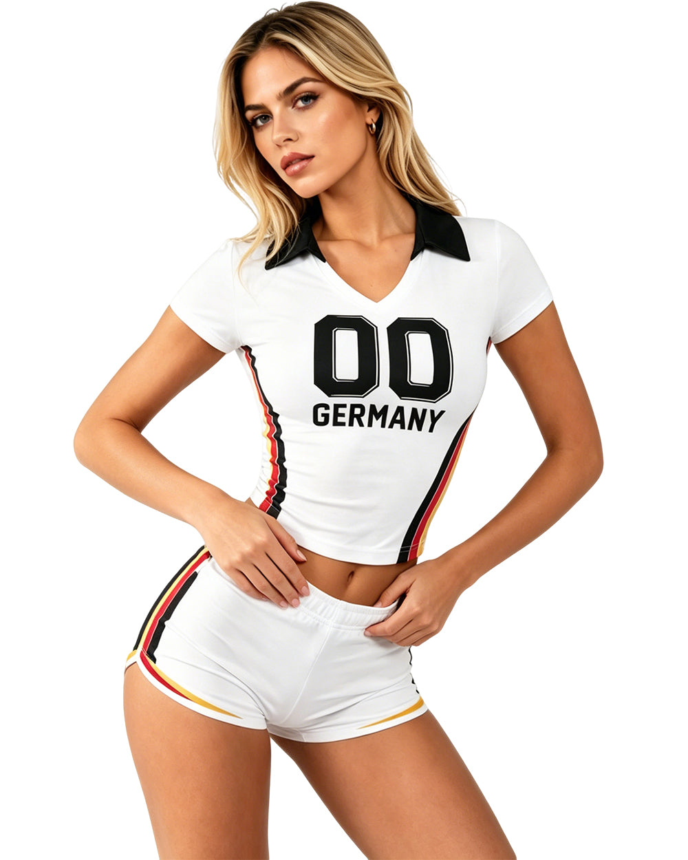 Female Football Germany Jersey White Polo Crop Top and Shorts Set for Football Game Night Tailgating