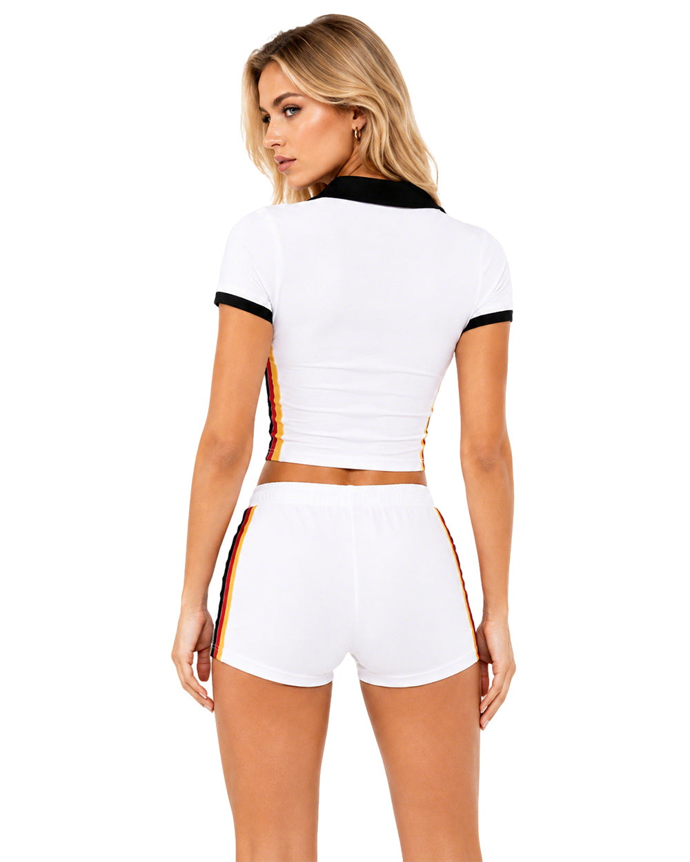 Female Football Germany Jersey White Polo Crop Top and Shorts Set for Football Game Night Tailgating