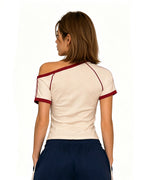 Female Spain Jersey Cream White Off Shoulder Waist-Tie Top for Soccer Fan Watch Party and Street Wear