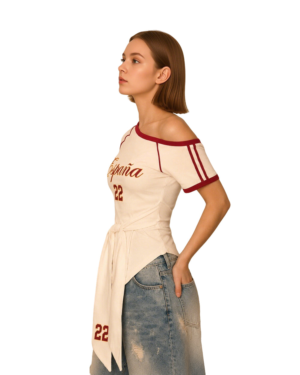 Female Spain Jersey Cream White Off Shoulder Waist-Tie Top for Soccer Fan Watch Party and Street Wear