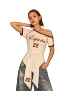 Female Spain Jersey Cream White Off Shoulder Waist-Tie Top for Soccer Fan Watch Party and Street Wear