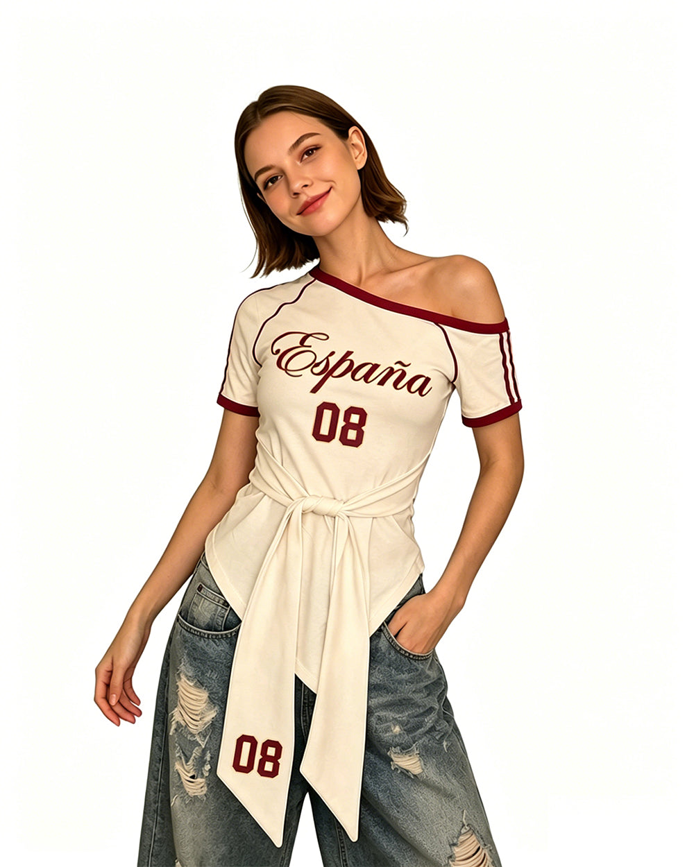 Female Spain Jersey Cream White Off Shoulder Waist-Tie Top for Soccer Fan Watch Party and Street Wear
