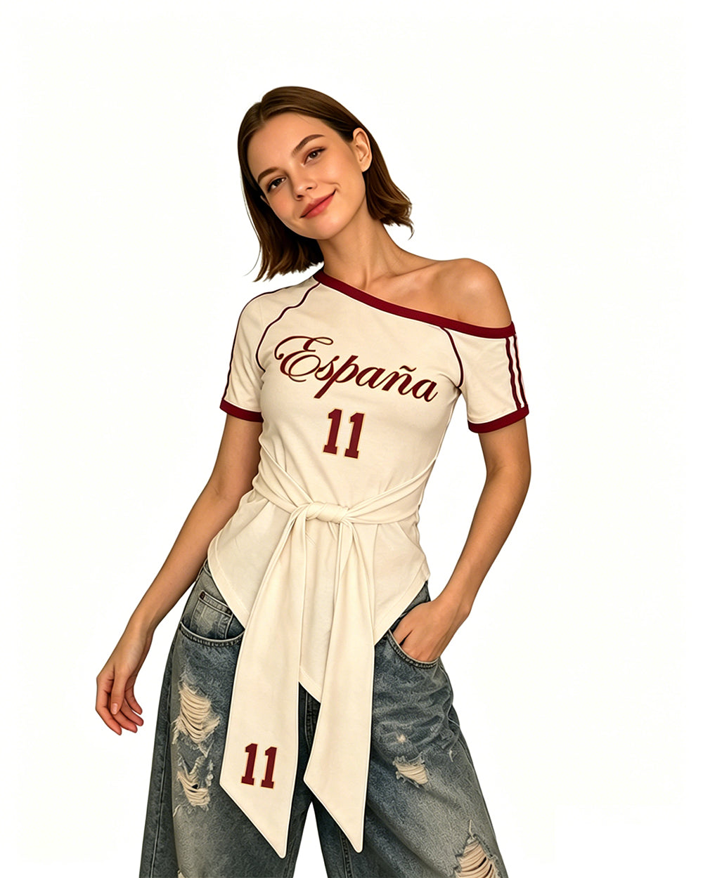 Female Spain Jersey Cream White Off Shoulder Waist-Tie Top for Soccer Fan Watch Party and Street Wear