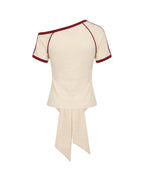 Female Spain Jersey Cream White Off Shoulder Waist-Tie Top for Soccer Fan Watch Party and Street Wear