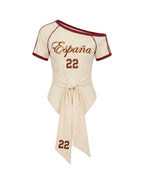 Female Spain Jersey Cream White Off Shoulder Waist-Tie Top for Soccer Fan Watch Party and Street Wear