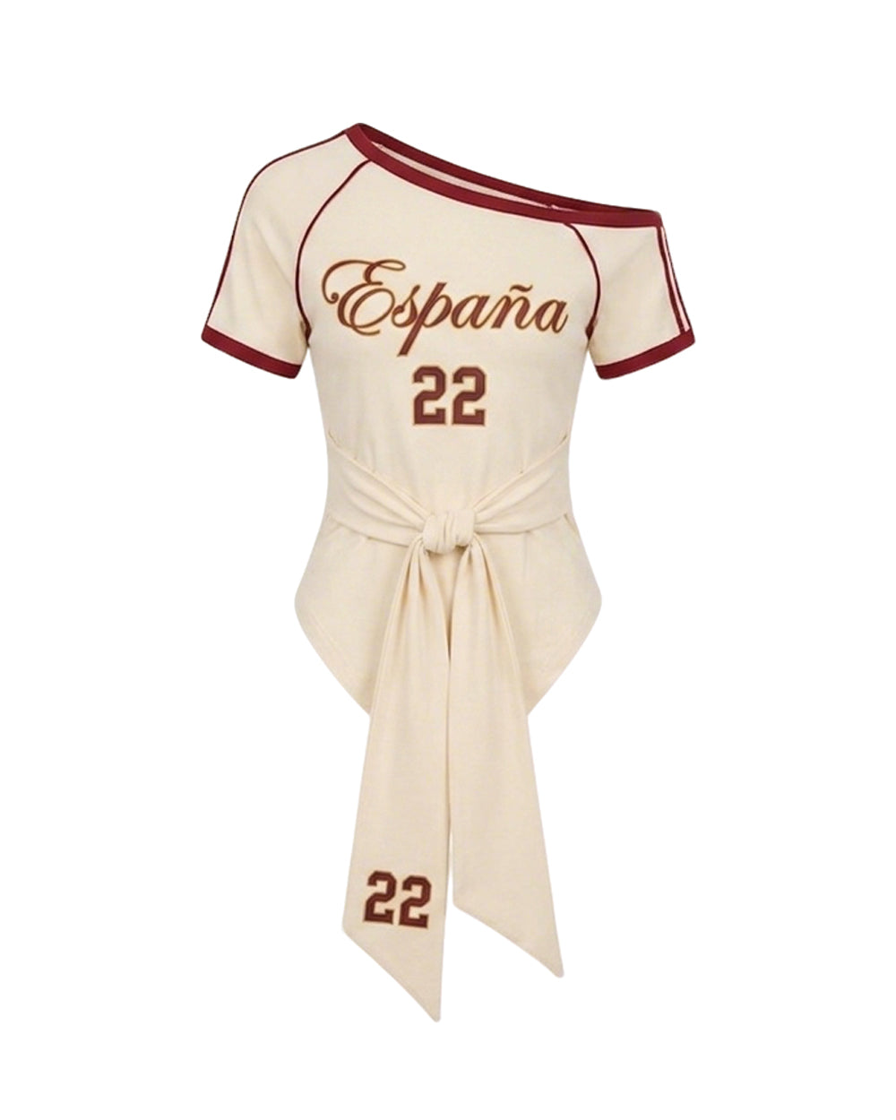 Female Spain Jersey Cream White Off Shoulder Waist-Tie Top for Soccer Fan Watch Party and Street Wear