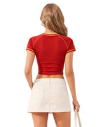 Female Spain Soccer Jersey Red V Neck Slim Fit Crop Top for Summer Streetwear Stadium Cheering