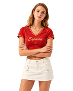Female Spain Soccer Jersey Red V Neck Slim Fit Crop Top for Summer Streetwear Stadium Cheering