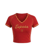 Female Spain Soccer Jersey Red V Neck Slim Fit Crop Top for Summer Streetwear Stadium Cheering