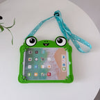 Frog Silicone Tablet Case with 360° Rotating Stand and Shoulder Strap Shockproof Protective Cover for iPad