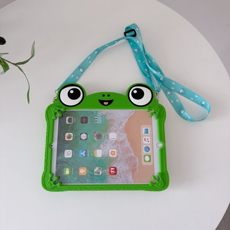 Frog Silicone Tablet Case with 360° Rotating Stand and Shoulder Strap Shockproof Protective Cover for iPad