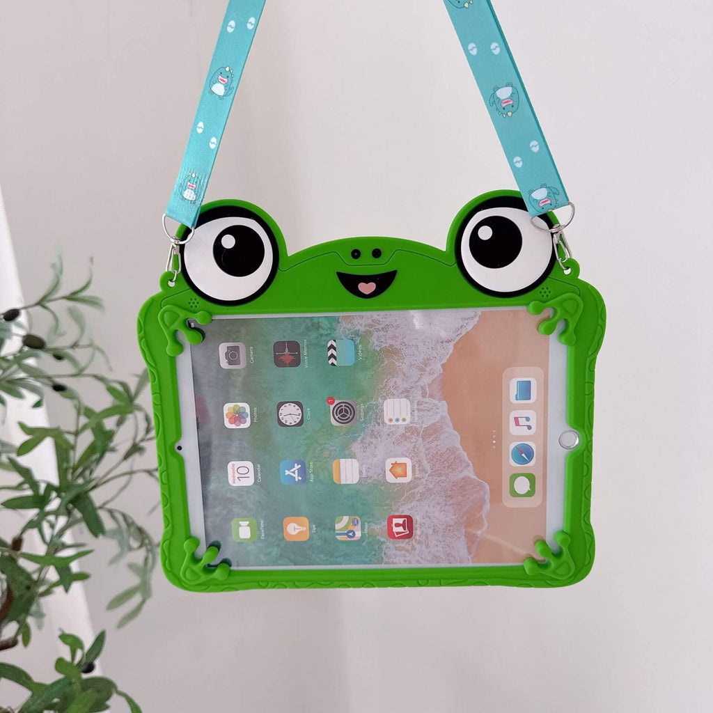Frog Silicone Tablet Case with 360° Rotating Stand and Shoulder Strap Shockproof Protective Cover for iPad