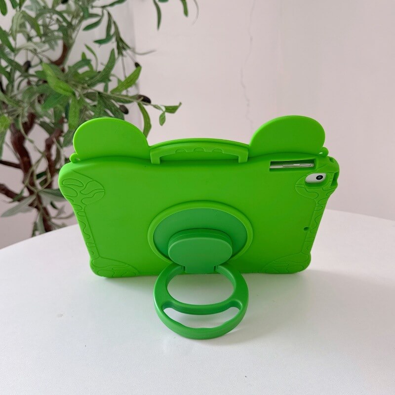 Frog Silicone Tablet Case with 360° Rotating Stand and Shoulder Strap Shockproof Protective Cover for iPad