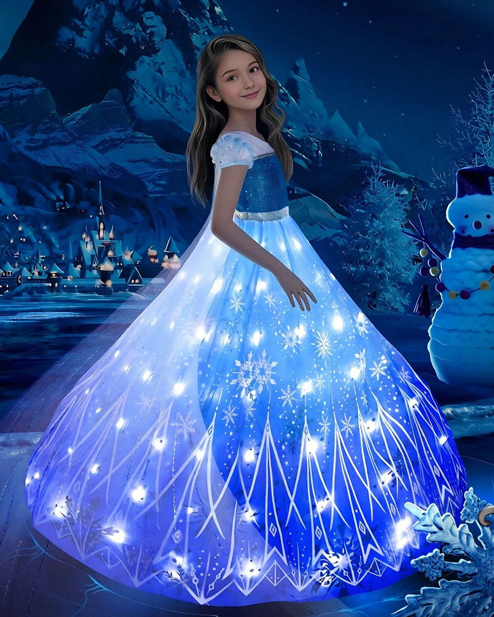 Elsa Costume Princess Dress Girls Light Up Dress Snowflake Trailing Party Dress Birthday Dres