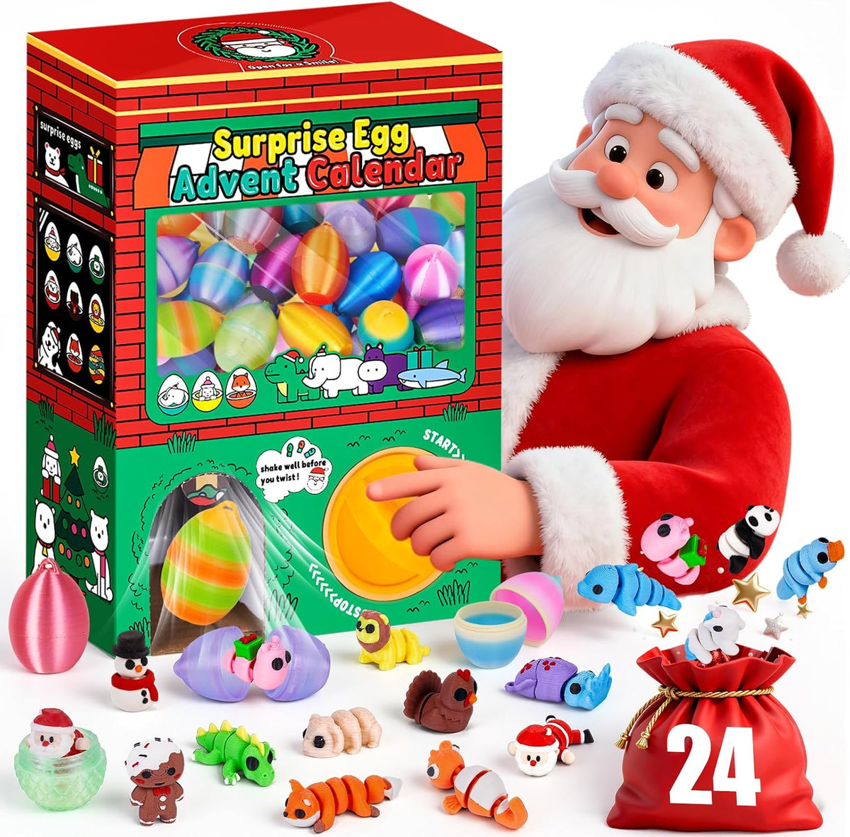 Gachapon Animals Advent Calendar 24pcs Surprise Dragon Eggs with Mini 3D Printed Toys in Capsule Vending Machine for Kids