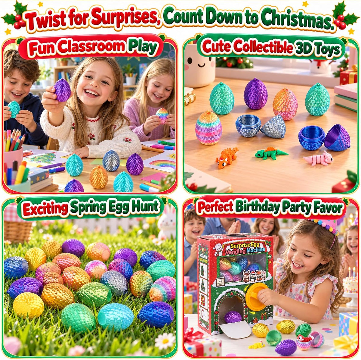 Gachapon Animals Advent Calendar 24pcs Surprise Dragon Eggs with Mini 3D Printed Toys in Capsule Vending Machine for Kids
