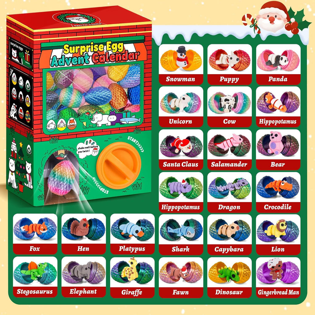 Gachapon Animals Advent Calendar 24pcs Surprise Dragon Eggs with Mini 3D Printed Toys in Capsule Vending Machine for Kids