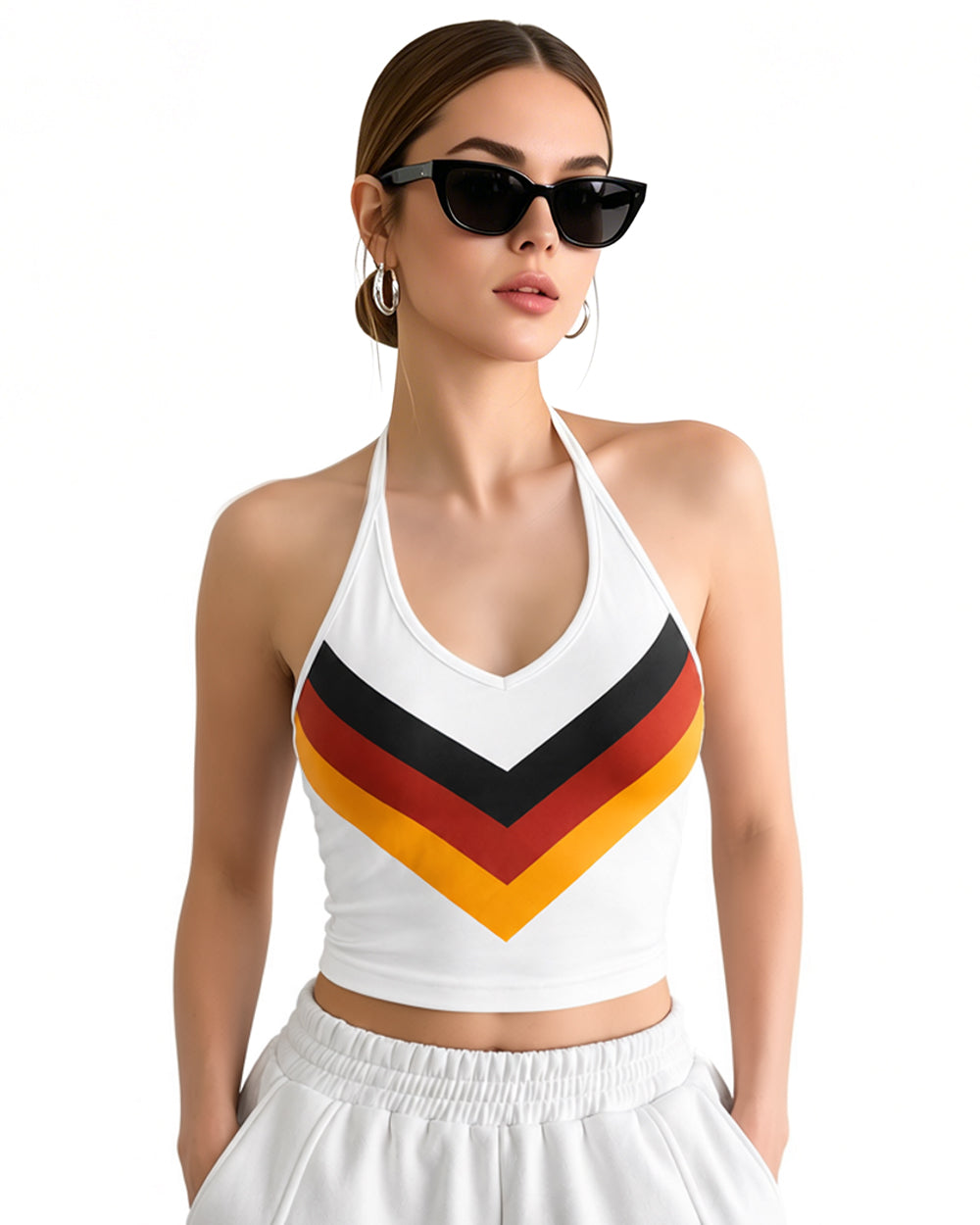 Women German Football Jersey White Halter Neck Backless Crop Top for Stadium Sports Cheering Parties