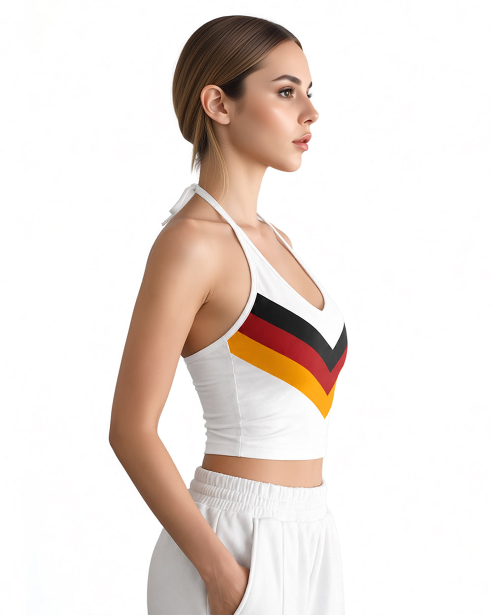 Women German Football Jersey White Halter Neck Backless Crop Top for Stadium Sports Cheering Parties