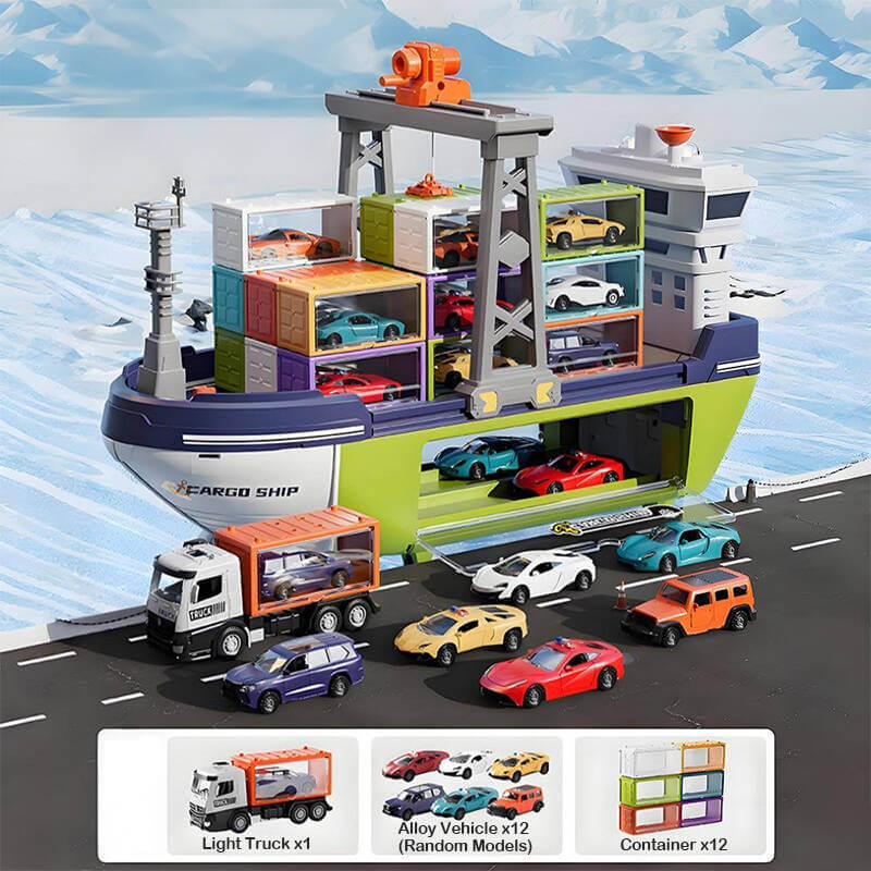 Kids Giant Cargo Ship Set with Container and Alloy Car Ejection Track with Sounds Lights