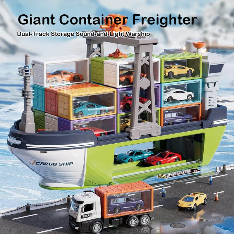 Kids Giant Cargo Ship Set with Container and Alloy Car Ejection Track with Sounds Lights