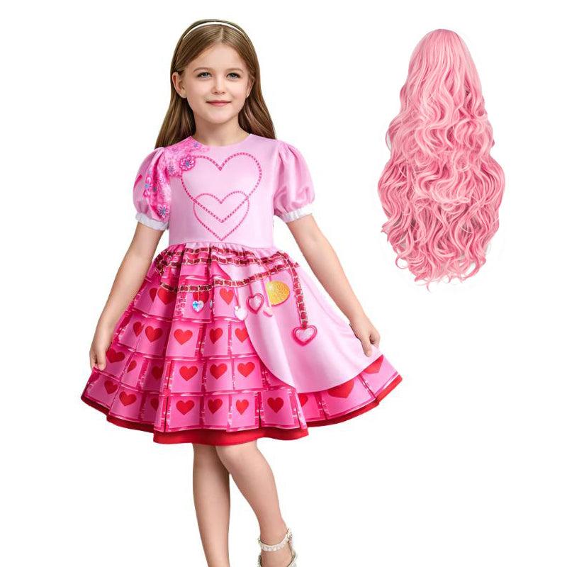 Queen of Hearts Costume Girls Adults Princess Bridget Pink Dress and Wig for Halloween Carnival