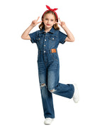 Girls Rosie The Riveter Costume We Can Do It Demini Short Sleeve Coveralls with Headband for Independence Day