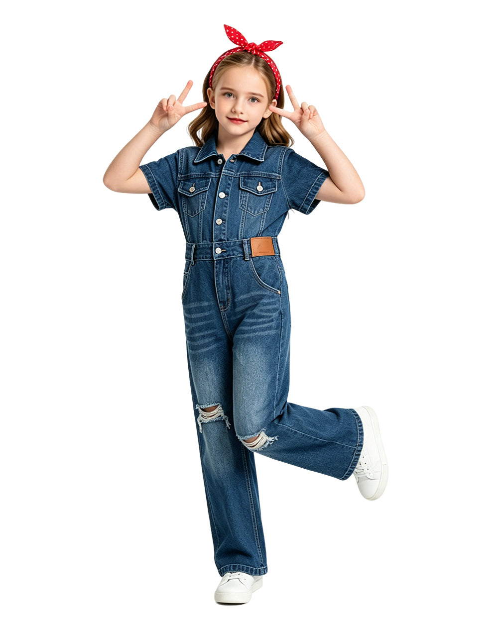 Girls Rosie The Riveter Costume We Can Do It Demini Short Sleeve Coveralls with Headband for Independence Day