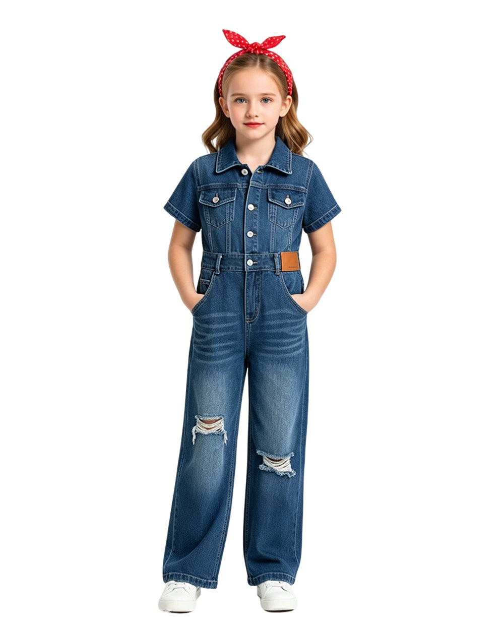 Girls Rosie The Riveter Costume We Can Do It Demini Short Sleeve Coveralls with Headband for Independence Day