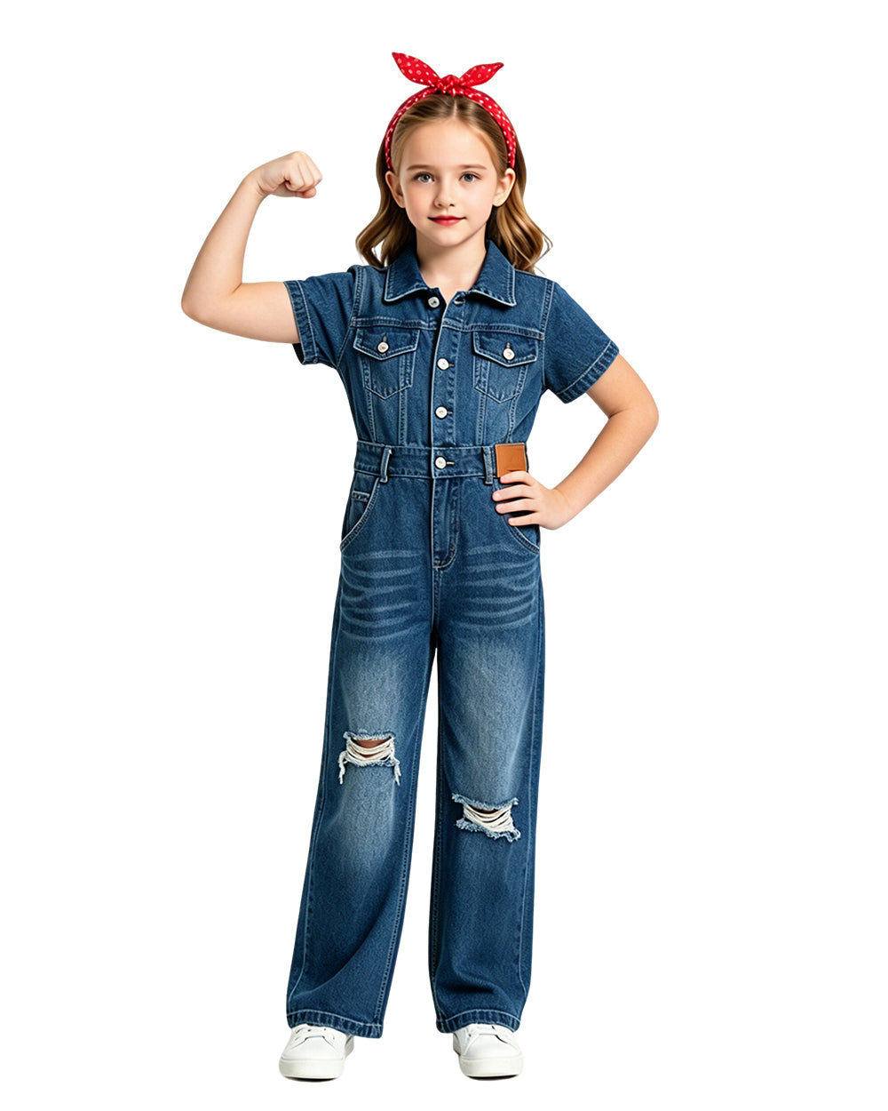 Girls Rosie The Riveter Costume We Can Do It Demini Short Sleeve Coveralls with Headband for Independence Day