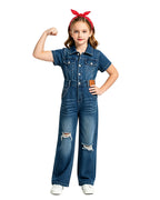 Girls Rosie The Riveter Costume We Can Do It Demini Short Sleeve Coveralls with Headband for Independence Day