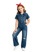Girls Rosie The Riveter Costume We Can Do It Demini Short Sleeve Coveralls with Headband for Independence Day