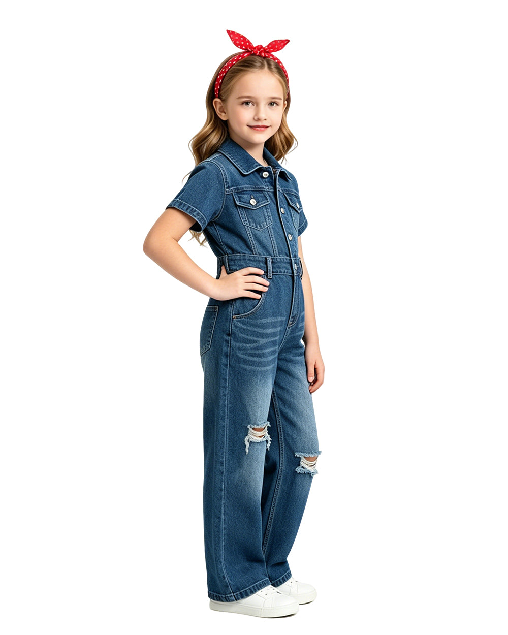 Girls Rosie The Riveter Costume We Can Do It Demini Short Sleeve Coveralls with Headband for Independence Day