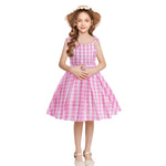 Girls Pink Plaid Dress with Hat Bag and Jewelry Kids Cosplay Outfit for Halloween Party
