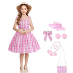 Girls Pink Plaid Dress with Hat Bag and Jewelry Kids Cosplay Outfit for Halloween Party