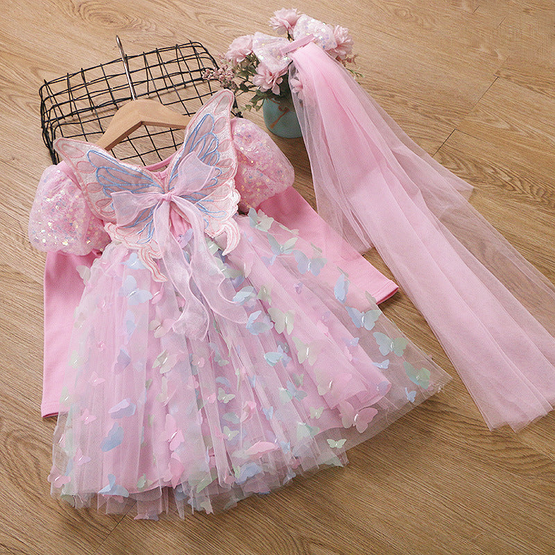 Girls Light Up Dress LED Long Sleeve Princess Party Dress with Fairy Wings and Tulle Bow Veil